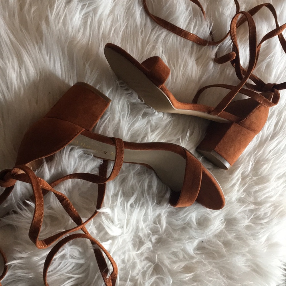 Brown faux suede tie up sandals